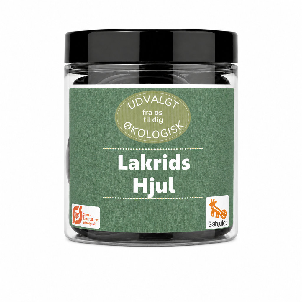 Økologisk Lakrids Hjul fra Solhjulet lakridshjul i bøtte