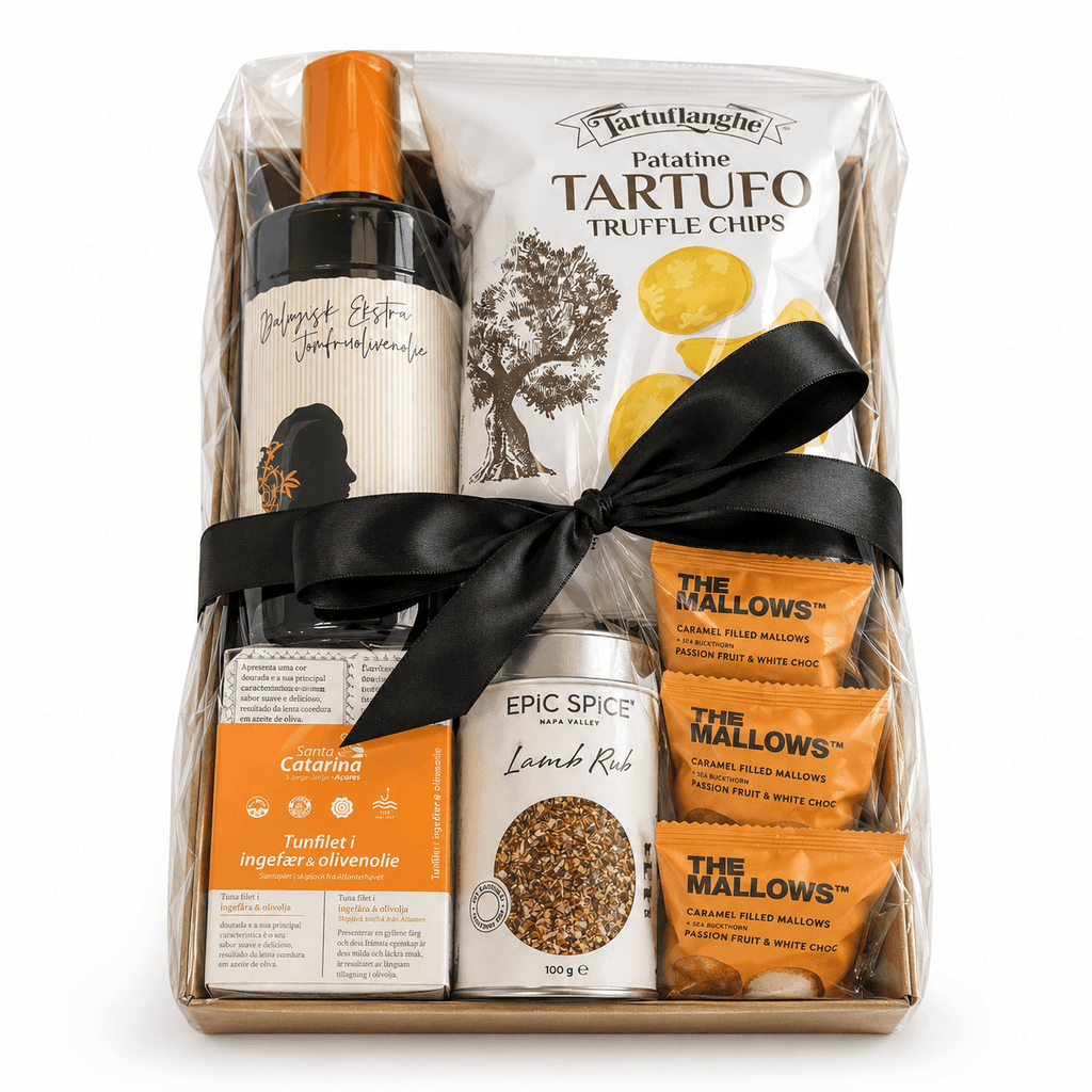 Gavepakke delikatesser gaveløsning køb gaveidé olivenolie krydderier chips