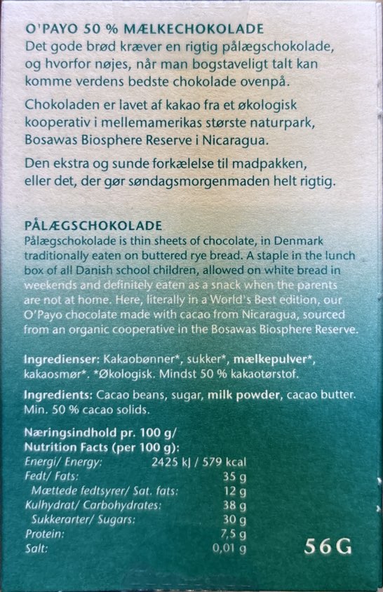 Friis Holm - Pålægschokolade, O'Payo 50% mælkechokolade