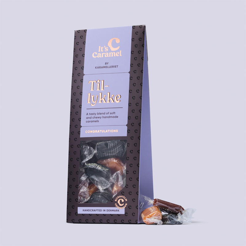 Gaveæske med budskab og gourmetkarameller - tillykke