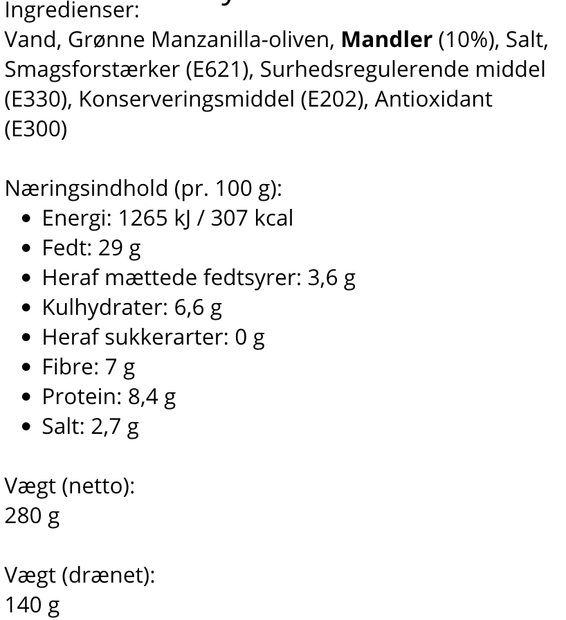 GRØNDALS - Manzanilla oliven med mandel