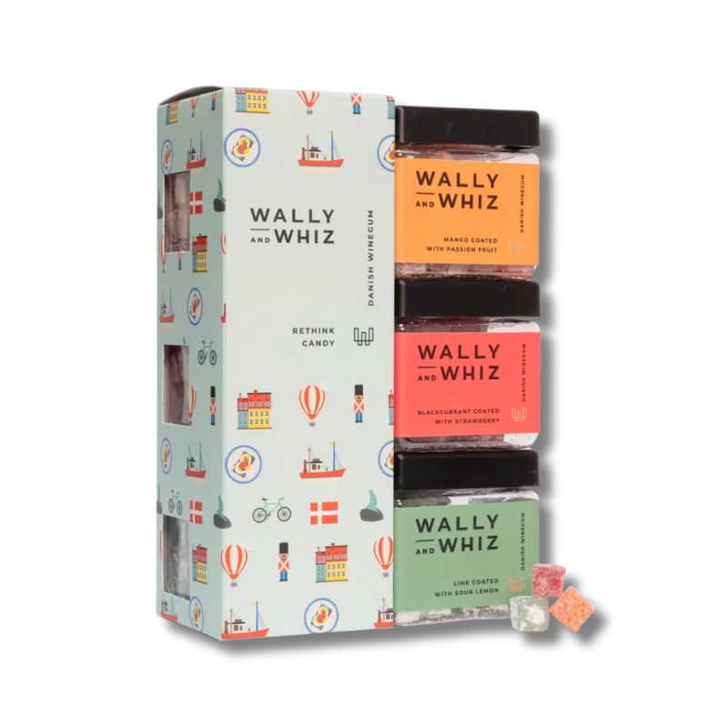 wally whiz danmark turist kube cube gaveæske gourmet vingummi mango solbær lime