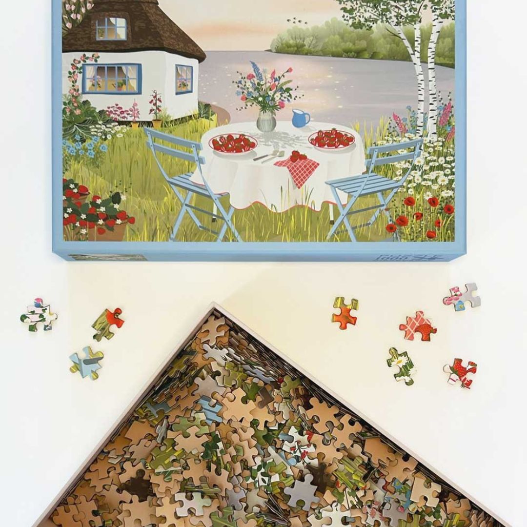 Vissevasse Sweet Strawberries dansk puslespil sommer jordbær puzzlel Ø65 cm
1000 brikker – jordbærmotiv