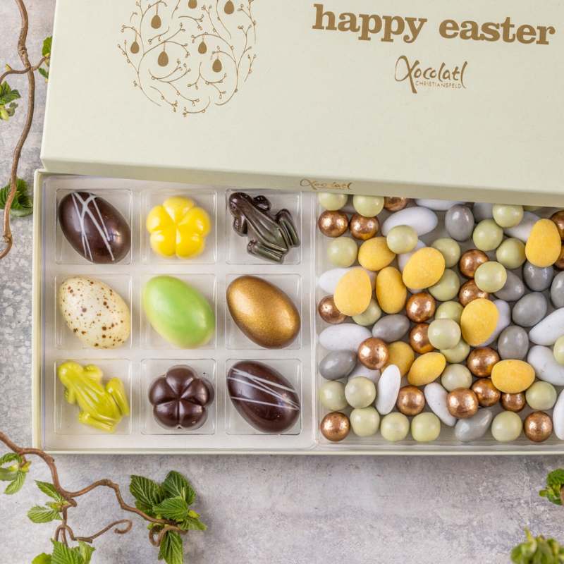 xocolatl happy easter fyldt chokolade påskeæg dragé gaveæske